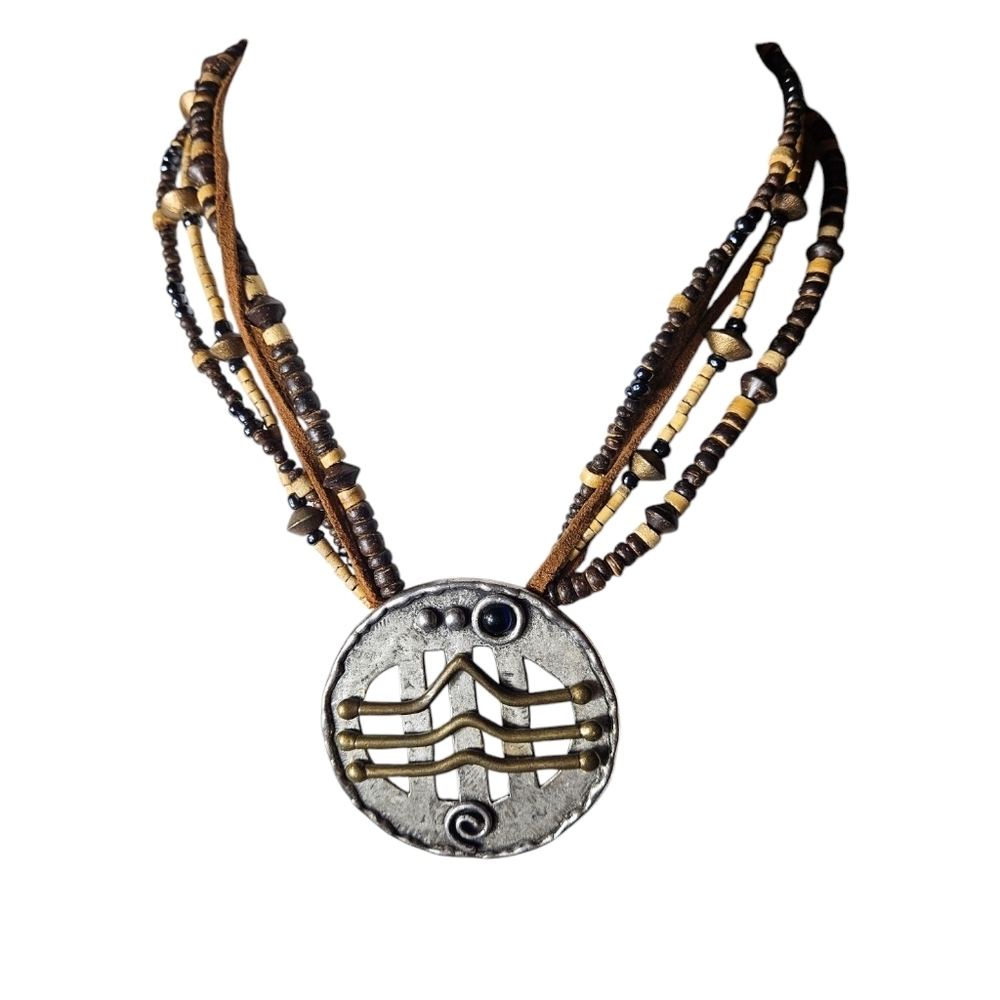 Chicos Wood / Leather Abstract Artison Industrial Pendent Necklace.